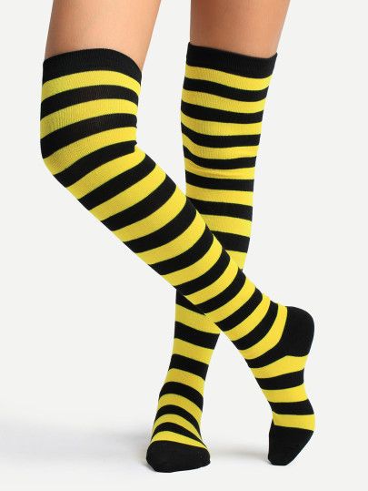 Yellow Socks, Holiday Clothing, Halloween Party Outfits, Thigh High Socks, Black Socks, Striped Socks, Knee Socks, Sock Shop, Knee High Socks