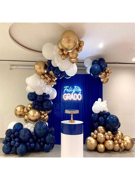 Balloons Arch, Balloons For Birthday, Navy Blue And Gold, Diy Balloon Decorations, Graduation Theme, Birthday Balloon Decorations, Royal Blue And Gold, White Balloons, Blue Balloons