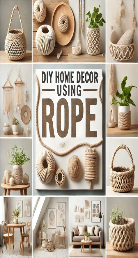 Collage of DIY home decor using rope, featuring baskets, planters, wall hangings, and cozy room settings. Neutral tones convey a warm, rustic vibe. Diy Neutral Home Decor, Rope Basket Decor Ideas, Easy Home Decor Ideas Diy, Rope Art Diy, Rope Decor Ideas, Crafts With Rope, Rope Wall Art, Rope Craft Ideas, Living Room Aesthetics