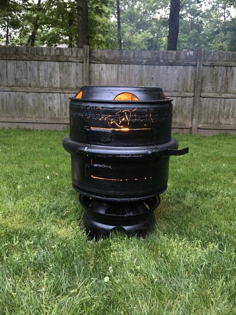 Made from old truck rims that i pulled from a scrap dumpster Truck Rim Fire Pit, Tractor Rim Fire Pit Ideas, Truck Rims, Old Trucks, Fire Pit, Fireplace, Trucks, Outdoor Decor