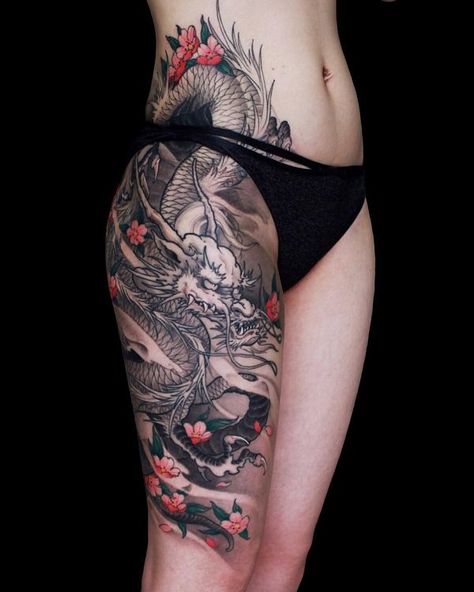 55+ Awesome Japanese Tattoo Designs | Art and Design Japanese Leg Tattoo, Woman With Tattoos, Best Leg Tattoos, Japanese Legs, Hip Thigh Tattoos, Tattoo Leg, Dragon Sleeve Tattoos, Japanese Dragon Tattoos, Tattoos Geometric