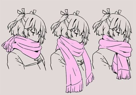 Drawing Scarf Reference, Scarfs Drawing Reference, Winter Clothing Reference, How To Draw Scarves, Anime Scarf Reference, How To Draw A Scarf On A Person, Scarf Drawing Tutorial, Winter Pose Reference Drawing, Holding Scarf Reference