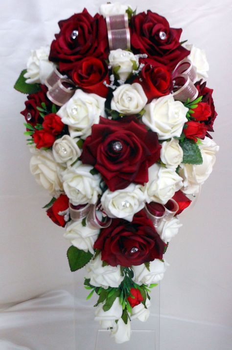 Teardrop Wedding Bouquet, White and Burgundy Roses $38.99 pounds Rose Bridesmaid Bouquet, Wedding Bouquet White, Red Bridal Bouquet, Teardrop Bouquet, Bridal Wedding Flowers, Purple Calla Lilies, Burgundy Roses, Cheap Wedding Flowers, Purple Wedding Bouquets