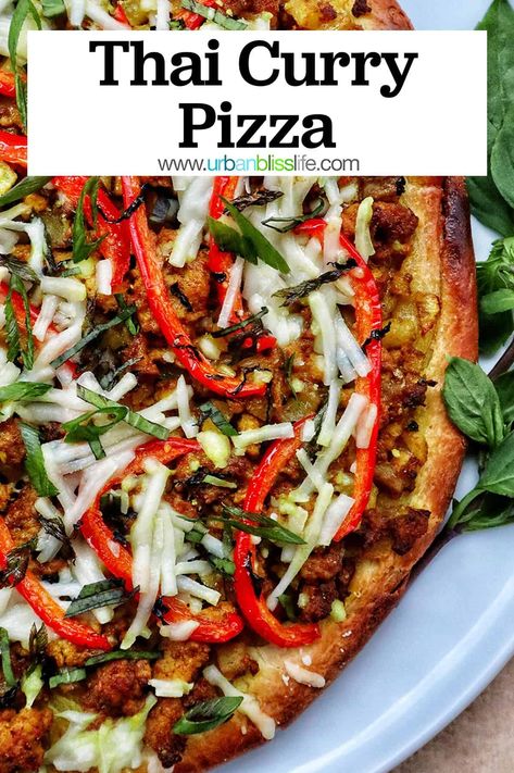 For your next pizza night, try this easy Thai Curry Pizza recipe. It's full of bold flavors and adds a delicious better-than-take-out spin to a classic family favorite! Recipe at UrbanBlissLife.com. Easy Thai Curry, Thai Pizza, Curry Pizza, Thai Chicken Pizza, Thai Chicken Curry, Pizza Dough Recipe Easy, Food Pizza, Thai Dishes, Thai Curry