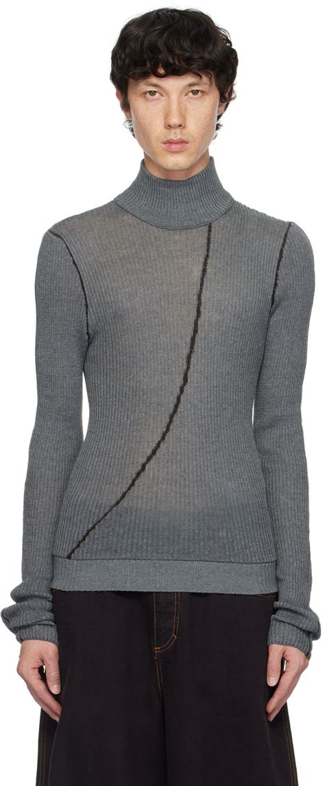 Semi-sheer knit cotton sweater. · Rib-knit mock neck · Chain-stitch at front and armscyes · Thumbhole at cuffs · Logo flag at back hem Available exclusively at SSENSE. Supplier color: Burnt Deconstructed Knit Sweater, Isa Boulder, Acne Studios Knitwear, Acne Studios Sweater, Ann Demeulemeester Knitwear, Sheer Knit, Fringed Belt, Bow Sweater, Entire Studios Ssense Skirt