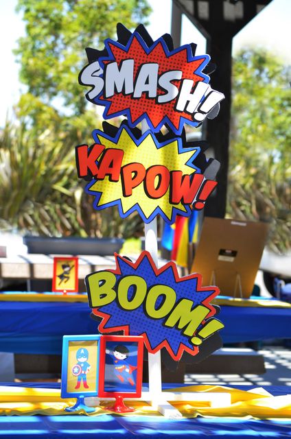 Superhero Birthday Party decorations!  See more party ideas at CatchMyParty.com! Superhero Birthday Party Ideas, Superhero Birthday Party Decorations, Superman Party, Superhero Baby Shower, Wonder Woman Party, Superman Birthday, Avenger Birthday Party, Spiderman Birthday Party, Avengers Party