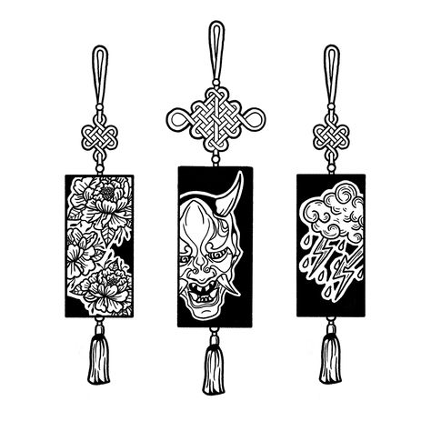 Chinese Charm Tattoo Design, Traditional Chinese Art Tattoo, Japanese Tattoo Art Traditional Black, Japanese Talisman Tattoo, Japanese Amulet Tattoo, Japanese Windchime Tattoo, Flying Tattoo, Japan Tattoo Design, Nautical Tattoo