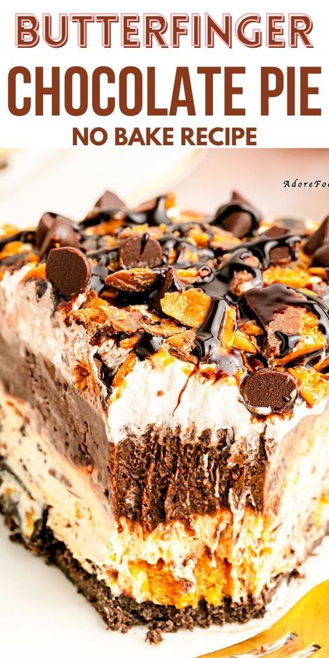 Butterfinger Pie Recipe, Butterfinger Recipes, Butter Finger Dessert, Butterfinger Pie, Butterfinger Candy, No Bake Recipe, Chocolate Pie Recipes, Chocolate Peanut Butter Pie, Chocolate Pie