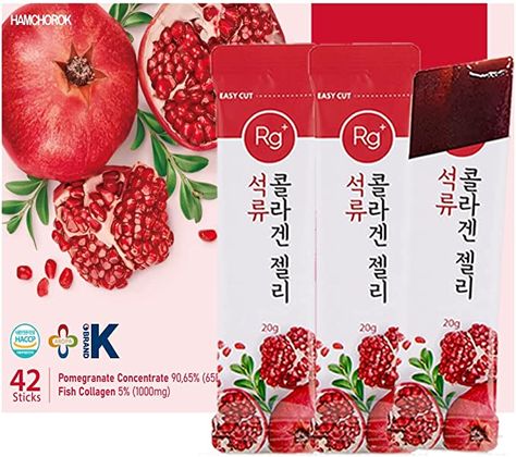 HAMCHOROK Rg+ Anti-Aging Korean-Beauty Pomegranate Collagen Jelly +Vitamin C&E 20g x42 Stick/ + Ginseng Concentrate for Immune Support, Skin, Hair, Nail & Joint (42) ✨ Collagen Jelly, Collagen Supplements, Snack Packs, Marine Collagen, Glow Up Tips, Immune Support, Korean Beauty, Dietary Supplements, Pomegranate