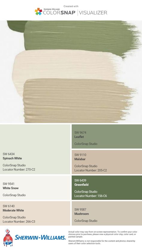 Paint Color Schemes With Sage Green, Soft Green Painted Furniture, Colour Palette For Home Decor, Sherwin Williams Broccoflower, Sage House Color Palette, Sage Green Room Color Palette, Safe Green Palette, Green Room Colour Palettes, Green Wall Color Palette