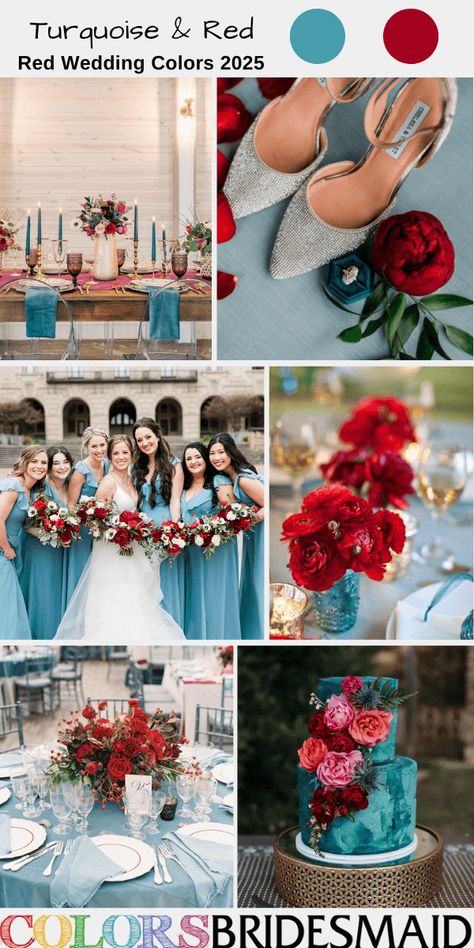 Top 8 Red Wedding Color Ideas for 2025 - ColorsBridesmaid Red And Blue Wedding Colors, Teal And Red Wedding, Wedding Cake With Red Flowers, Turquoise And Red Wedding, Red And Teal Wedding, Wedding Colors 2025, Cake With Red Flowers, Red Wedding Colors, Turquoise Wedding Cake