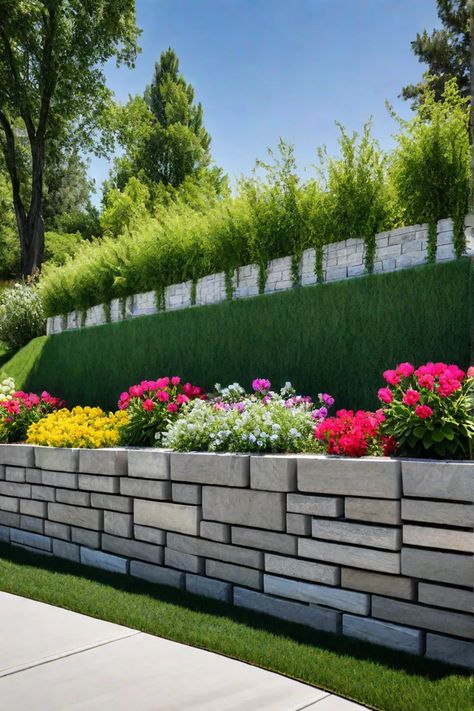 Functional retaining wall made from concrete blocks with vines and flowers Block Wall Garden Ideas, Block Walls Ideas Outdoor, Concrete Blocks Wall, Small Retaining Wall Ideas, Retaining Wall Landscape, Cheap Retaining Wall, Affordable Landscaping Ideas, Small Retaining Wall, Backyard On A Budget