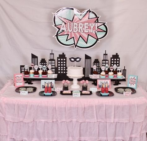 Superhero Party: Aubrey's Girly Superhero Birthday Party | Mimi's Dollhouse Superhero Birthday Party Food, Superhero Party Ideas, Party Ideas For Girls, Birthday Superhero, Superhero Party Decorations, Pink Cake Pops, Girl Superhero Party, Wonder Woman Party, Marvel Party