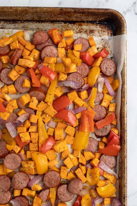 Sausage Sweet Potato Sheet Pan Dinner with Garlic Aioli - With Sweet Honey Sausage Sweet Potato Sheet Pan, Sweet Potato Sheet Pan Dinner, Sweet Potato Sheet Pan, Potato Sheet Pan Dinner, Potato Sheet Pan, Sausage Sweet Potato, Garlic Aioli, Aioli, Sheet Pan