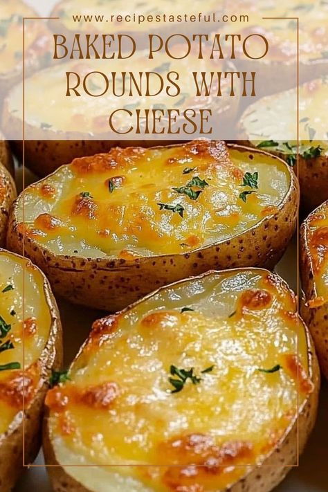 Deliciously crispy baked potato rounds topped with melted mozzarella cheese, seasoned to perfection with garlic and paprika. This easy appetizer is perfect for gatherings or a comforting snack! Potato And Mozzarella Recipes, Baked Potato Rounds With Cheese, Oven Cheese Potatoes, Potato Slices In Oven Baked, Potato Rounds Baked, Baked Potato Rounds, Garlic Baked Potatoes, Sliced Baked Potatoes, Potato Rounds