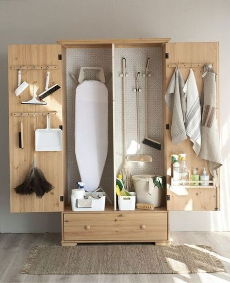 The Space Cube Desk Organiser on Instagram: "No closet, no problem. A wardrobe hides it all in the most stylish way possible!⠀ .⠀ .⠀ .⠀ #wardrobetotherescue#hideit#aplaceforyourstuff#housecleaning#hideitaway#superstorage#storagesolution#clean#housework#cleanhouse#hidinginplainsite#organisedhouse#cleaningtips#storageinspo" Cleaning Cupboard, Utility Room Storage, White Laundry, Laundry Room Layouts, Modern Laundry Rooms, Laundry Room Inspiration, 아파트 인테리어, Cleaning Closet, Laundry Room Storage