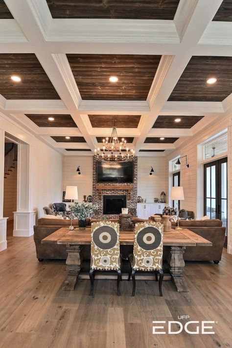 Industrial Ceiling Design Exposed Beams, Ceiling Beams Living Room, Coffered Ceiling Design, Ceiling Remodel, Beams Living Room, Luxury Ceiling Design, Accent Ceiling, House Ceiling, Ceiling Design Ideas