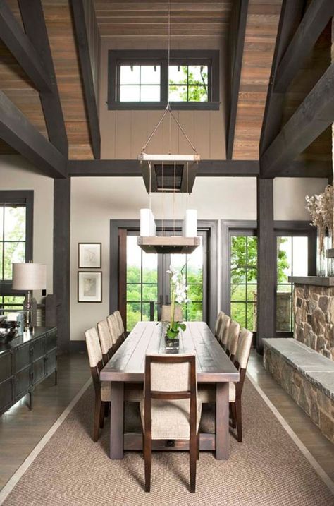 Contemporary mountain home with vintage-rustic details Contemporary Mountain Home, Dark Wood Trim, Eclectic Dining Room, Dark Trim, Choosing Paint Colours, Modern Mountain Home, Paris Home, Rustic Dining Room, Mountain Homes