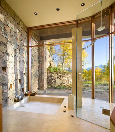 Sunken Bath, Sunken Bathtub, Sunken Tub, Indoor Hot Tub, Stone Accent Walls, Sophisticated Bathroom, Bathtub Remodel, Natural Stone Wall, Stone Bathroom