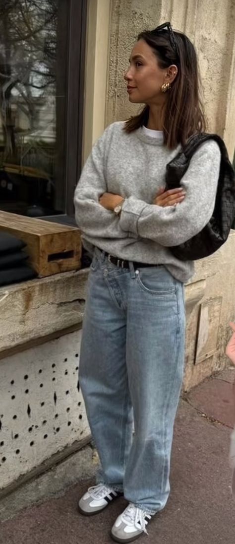 Cute Comfy Jean Outfits, Grey Ribbed Top Outfit, Light Grey Long Sleeve Shirt Outfit, Light Gray Top Outfit, Grey Long Sleeve Top Outfit, Navy Quarter Zip Outfit, Light Wash Blue Jeans Outfit, Navy Long Sleeve Top Outfit, Button Up Shirt Under Sweater