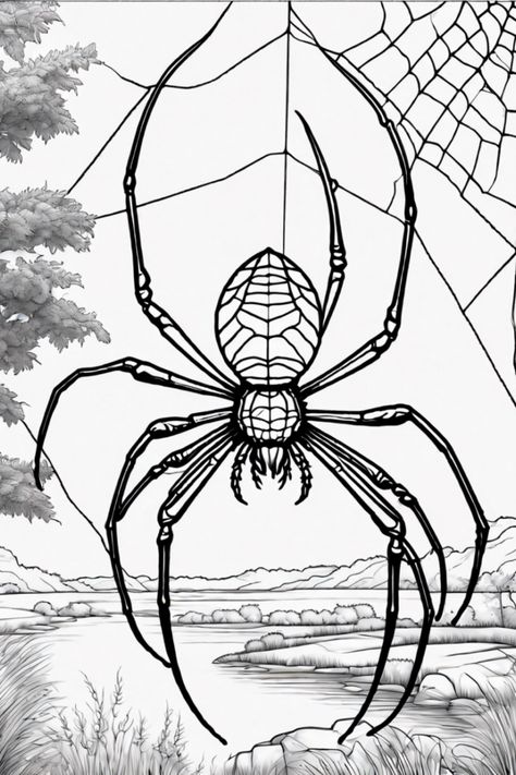 Step into a spooky world with a gigantic spider hanging from a web! This coloring page is full of detail, from trees to a flowing river, waiting for your colorful touch. Let your creativity run wild and bring this creepy crawlies to life on paper. Perfect for rainy days or Halloween prep, this activity is sure to entertain and inspire. Get ready to dive into an exciting art adventure and color your way through an eerie landscape! Eerie Landscape, Spider Coloring Pages, Wood Burning Designs, Sensory Science, Spider Coloring Page, Spooky World, Black And White Spider, Flowing River, Pyrography Patterns