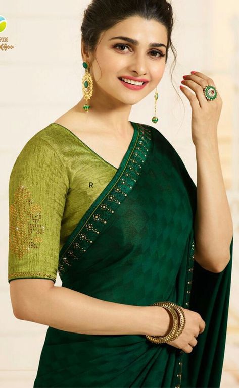 Latest Saree Design, White Rangoli, Green Contrast Color, Prachi Desai, Saree Hairstyles, Fancy Saree, Latest Saree, Color Party, Indian Saree Blouse