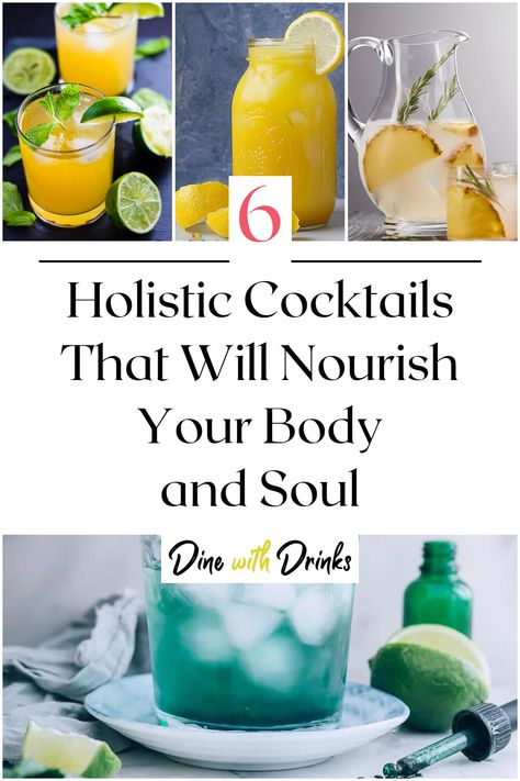 Collage of 4 holistic cocktails. Holistic Healing Drinks, Healthy Cocktails Non Alcoholic, Clean Cocktail Recipes, Adaptogen Drink Recipe, Healthy Non Alcoholic Cocktails, Herbal Juice Recipes, Easy Healthy Cocktails, Wellness Mocktail Recipe, Tonics And Elixirs