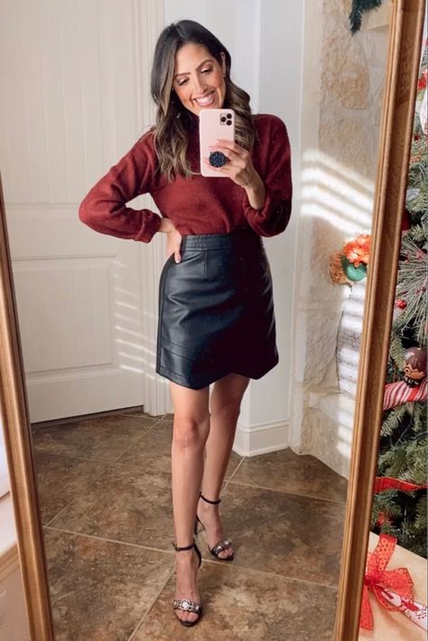 Sweaters and faux leather skirts are one of my favorites styles. ❤️ http://liketk.it/34gJO @liketoknow.it #liketkit #LTKstyletip #LTKbeauty #LTKNewYear #holidayoutfitinspo Sweater Leather Skirt Outfit, Sweater Leather Skirt, Christmas Sweater Outfits, Wine Sweater, Leather Skirt Outfit, Black Leather Skirt, Leather Skirts, Black Leather Skirts, Faux Leather Skirt