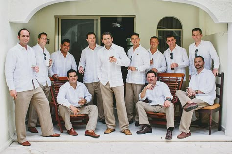 Braun Photography-- I want a picture like this but where every groomsman has a cigar. Guayabera Outfit For Men Wedding, Guayabera Wedding, Havana Theme Party, Beach Formal Dress, Havana Theme, Beach Wedding Pics, Boho Wedding Guest, Havana Nights Party, Braidsmaid Dresses