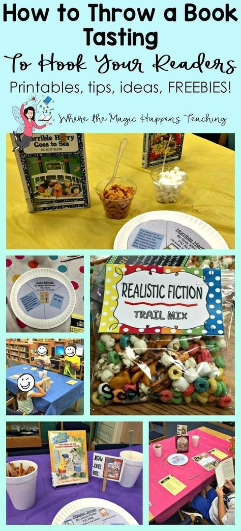 How to Throw a Book Tasting For 2nd Graders Book Tasting Snacks, Reading Themes For Classroom, Booknic Ideas, Realistic Fiction Activities, Library Activities For Kids, Reading Snacks, Family Literacy Night, Smart Boards, Planning School