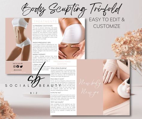 Body Sculpting Trifold Brochure designed for you to edit and customise to suit your business scheme and theme. You can add your own text, choose your business colours, change the font and photos, add your business information! The design has been done for you, all you will need to do is customize to suit your business without having to spend hours creating it from scratch! Instant download for your convenience! All you need to do it print, edit and use! Body Contouring Business, Wood Therapy, Ultrasonic Cavitation, Trifold Brochure Design, Business Colors, Business Information, Body Wraps, Trifold Brochure, Body Sculpting