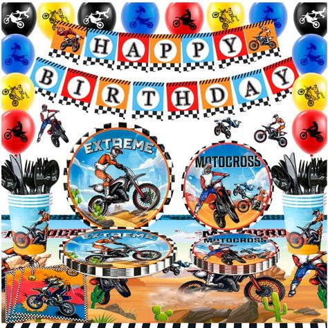 PRICES MAY VARY. 🏁Complete Motorcycle Birthday Party Supplies Set🏁 Our dirt bike party supplies include 1 dirt bike happy birthday banner,1 dirt bike party tablecloth,10 7'' bike party plates,10 9'' motorcycle theme party paper plates,10 dirt bike birthday napkins,12 motorcycle latex balloon etc motocross birthday party supplies. 🚙Unique Design🚙 Motorcycle party decorations have many cool motorcycle theme element designs,unique printing patterns,let you feel the speed and passion in the moto Motorcycle Theme Party, Party Plates And Napkins, Motocross Birthday Party, Motocross Birthday, Motorcycle Birthday Parties, Bike Birthday Parties, Dirt Bike Party, Motorcycle Party, Bike Party