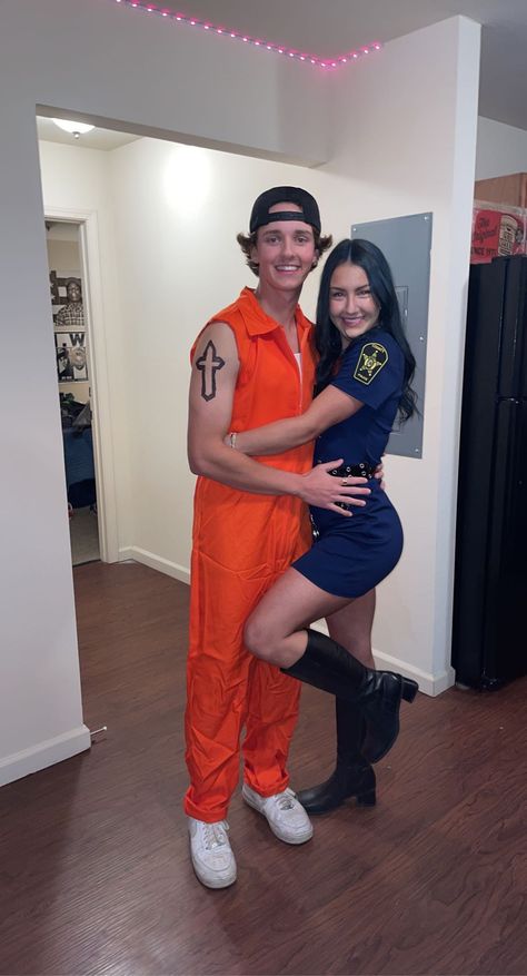 Male Inmate Costume, Cop And Jailer Costume Couple, Inmate And Cop Couple Costume, Cop And Prisoner Costumes Couples, Cops And Prisoner Costume, Inmate Costume, Swat Costume, Cop Halloween Costume, Badass Halloween Costumes