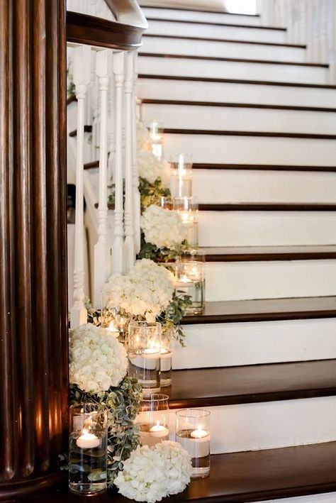 classic navy white and gold wedding decorations beside steps 3 Candle Staircase, Hydrangea Centerpiece Wedding, Wedding Stairs, White Hydrangea Centerpieces, Banquet Hall Wedding, Wedding Staircase, Navy And Gold Wedding, Script Wedding Invitations, Hydrangea Centerpiece