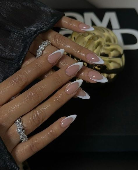 Almond Frenchies Nails, December Birthday Nails Almond, Deep Almond French Tips, French Nail Inspo Almond, Almond White Nails Design, French Manicure Designs Almond Shape, White Almond French Tip, French Nails Stiletto, French Almond Nails Design