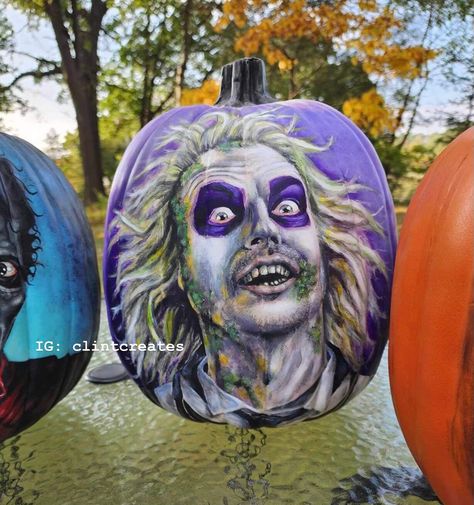 "This is a custom painted BEETLEJUICE pumpkin. Painted from acrylic.  Measures about 14\" in height Color of the pumpkin: White Made out of Foam ( funk in brand )  Material: Hard Foam Mid-West artist for over 25 years!" Pumpkin Painting Movie Characters, No Carved Pumpkins, Boogie Man Pumpkin Painting, Beetlejuice No Carve Pumpkin, Foam Pumpkin Painting Ideas, Beetle Juice Pumpkin Painting Ideas, Beatle Juice Pumpkin Painting Ideas, Bettle Juice Pumpkin Ideas, Beetle Juice Painted Pumpkin