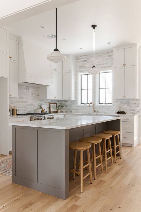 White Kitchen With White Oak Island, White Kitchen With Colored Island, Accent Kitchen Island, L Shape Kitchen Design, Grey Island, House Renos, Renovation Inspiration, Green Kitchen Cabinets, Farmhouse Kitchens