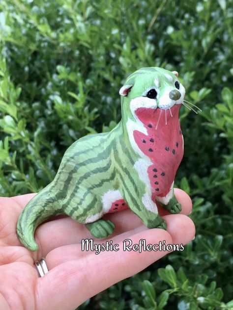 Handmade Ooak Polymerclay Watermelon Otter Sculpture by Mystic Reflections Cute Ceramic Animals, Cute Sculpture Clay, Clay Fantasy Creatures, Otter Clay, Sculpture Art Animal, Things To Sculpt, Clay Otter, Small Clay Ideas, Cute Clay Sculptures