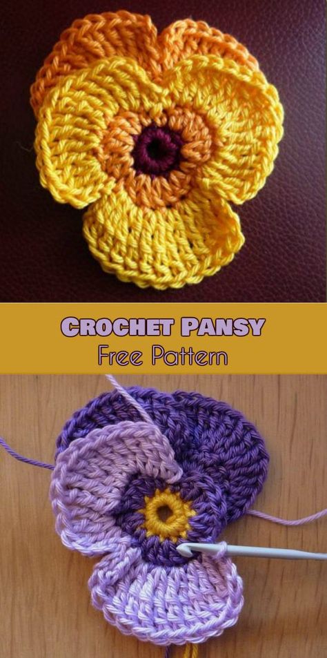 Pansy Flowers Crochet Patterns Free Crochet Pansy, Roses Crochet, Crochet Roses, Pansy Flowers, Afghans Crochet, Crochet Patterns Free, Crochet Flowers Easy, Animals Crochet, Crochet Flowers Free Pattern