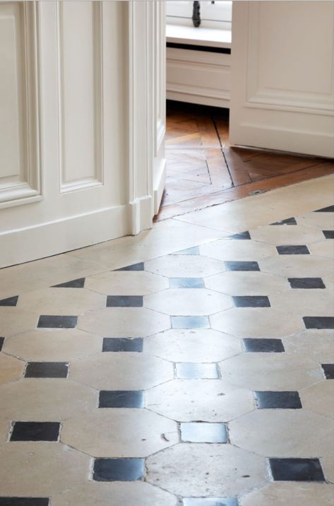 English Cottage Flooring, Sunroom Tile Floor, Entryway Tile Floor, French Flooring, Antique Stone Flooring, Parquet Versailles, French Tile, Entryway Tile, Foyer Flooring