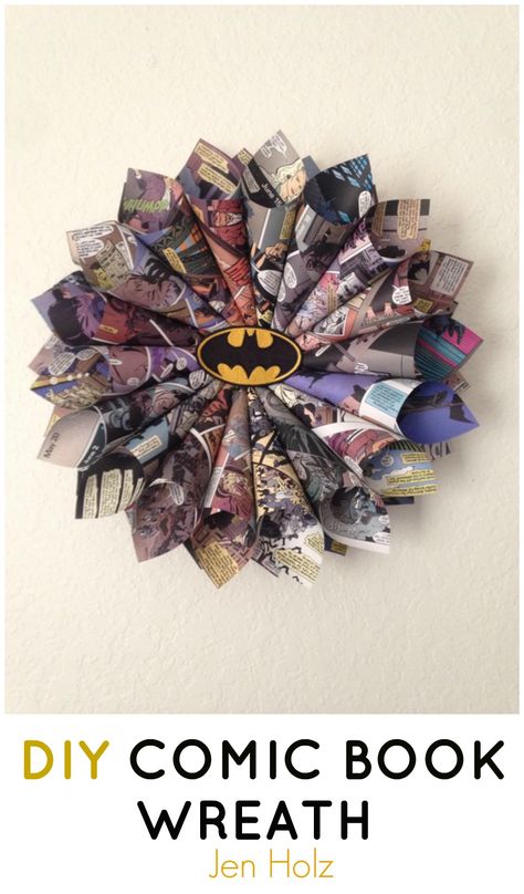 Jen Holz how to make a comic book wreath out of old comic book pages. Batman Room Decor, Diy Comic Book, Batman Crafts, Comic Book Crafts, How To Make Book, Pumpkin Wreath Tutorial, Diy Comic, Superhero Decor, Make A Comic Book