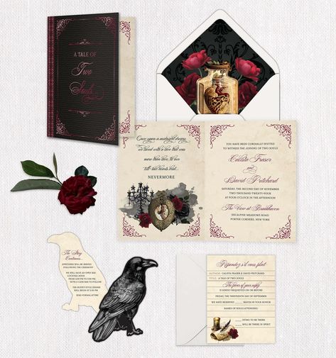 “Quoth the raven nevermore”…the die cut raven makes this a unique invitation suite. . . #theraven #edgarallanpoe #gothicinvitation Bookish Wedding, Book Wedding Invitations, Apothecary Design, Fairytale Romance, Dark Fairytale, Another Dimension, Book Stamp, Book Wedding, Book Style