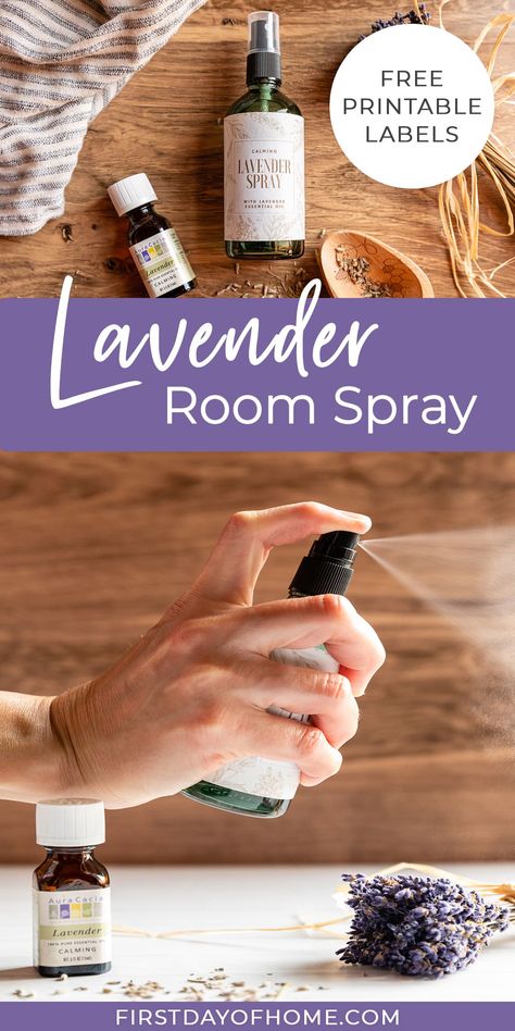 Make your own DIY lavender room spray with essential oils. Download free printable labels for your personal use to give as DIY gifts. #firstdayofhome #lavenderspray #essentialoil #diygifts Room Spray With Essential Oils, Fragrance Oil Recipes, Body Spray Recipe, Homemade Room Spray, Lavender Room Spray, Lavender Pillow Spray, Room Spray Recipe, Essential Oil Spray Recipes, Lavender Linen Spray