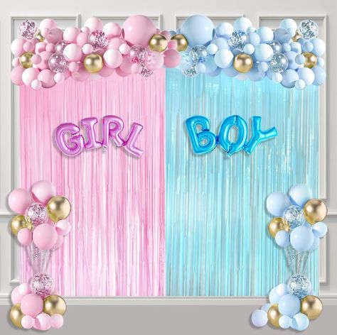 AIBIIN 148Pcs Blue Pink Gender Reveal Balloon Garland Kit Blue Pink Foil Fringe Curtains Boy or Girl Balloon Arch Kit Gold Silver Balloon Arch Kit Gender Reveal Baby Shower Party Decorations Gender Reveal Balloon Garland, Silver Balloon Arch, Simple Baby Shower Decorations, Baby Shower Reveal Ideas, Pink Gender Reveal, Baby Reveal Cakes, Fringe Curtains, Baby Shower Balloon Decorations, Balloon Arch Kit