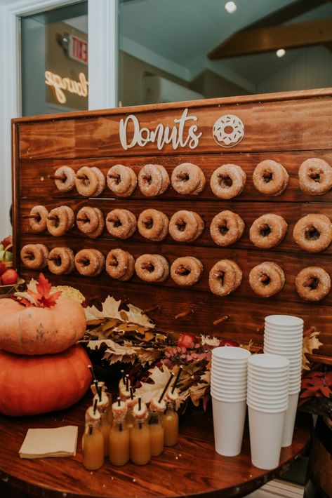 Apple Cider Donuts Wedding, Cider Donuts Wedding, Apple Cider Bar Wedding, Cider Bar Wedding, Apple Cider Wedding, Fall Lake Wedding, Doughnuts Wedding, Donut Wall Wedding, Donut Bar Wedding