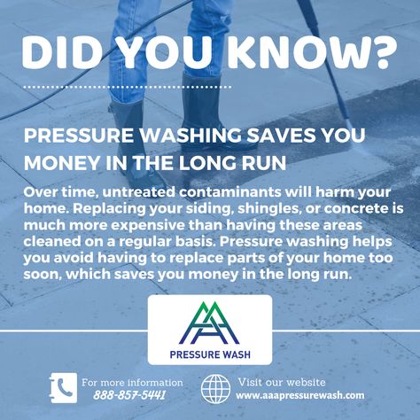 We are sharing today's facts with you. ☝ In the long run, pressure washing saves you money by reducing the need for costly repairs. Your house will eventually suffer damage if the toxins are not properly treated. 🎯AAA Pressure Wash, LLC | Northern New Jersey Premier Pressure Washing Company. 👇 | Contact us at: ☎ | 888-857-5441 🌐 | www.aaapressurewash.com #pressurewashing #powerwashing #cleaning #clean #windowcleaning #softwashing #guttercleaning #softwash #carpetcleaning #roofcleaning #pr Power Washing Business, Pressure Washing Business Cards, Starting A Pressure Washing Business, Pressure Washer Logo, Pressure Washing Business, Supplemental Income, Handyman Business, Pressure Washing Services, Ad Ideas