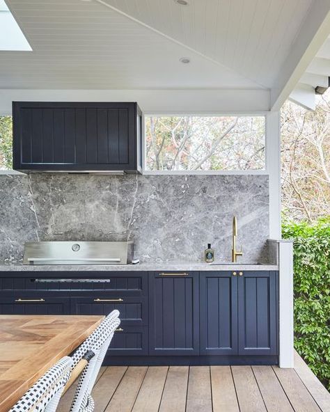 Danielle Victoria Design Studio on Instagram: "How about some weekend entertaining? This custom designed outdoor cabinetry houses the built in bbq, double waste bin, under mount sink and pull out tap and all that storage to hold platters, trays and utensils for cooking. Complete with VJ panelled ceilings, skylights and no maintenance decking, it’s the perfect undercover outdoor space for weekend entertaining. . Interiors & exterior design by us @daniellevictoriadesignstudio Build by Tim Rober Outdoor Cupboard, Danielle Victoria, Beach House Floor Plans, Californian Bungalow, Small Outdoor Kitchens, Outdoor Bbq Kitchen, Built In Bbq, Bbq Kitchen, Waste Bin