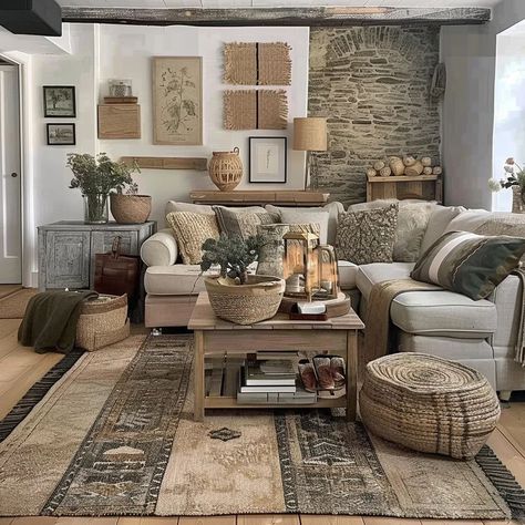 🌿 Embark on a Cozy Journey: A Living Room Tale 🛋️✨  Swipe left and step into the enchanting world of rustic serenity! Immerse yourself in the embrace of cottage core vibes, where green and beige hues dance with the timeless elegance of stone walls. 🏡💚✨  Explore the artful interplay of fabric, rustic charm, and the warm allure of light and dark brown tones.  Ready to infuse your space with the romance of country living? Dive in and let the journey begin! 🌾 Created using Ai #CottageCoreLi... Living Room Designs Cottage Core, Cottage Core Living Rooms, Rustic Chic Living Room, Cottage Core Vibes, Tennessee House, Lake Decor, Cottage Living Rooms, Entertainment Area, Room Color Schemes