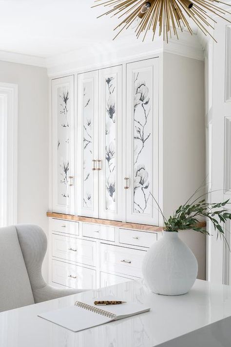 Wallpaper Cabinets, Grey Floral Wallpaper, Living Room Nook, Shabby Chic Cabinet, Wallpaper Door, Feature Wall Bedroom, Blue Floral Wallpaper, White Floating Shelves, White Shaker Cabinets