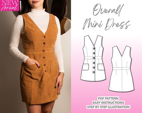 This button down overall dress sewing pattern is perfect for beginners and all sewing levels. Made out of corduroy, easy to wear button front closure with big patch pockets to create an adorable outfit to pair with mock neck or turtleneck top! The downloadable file package includes illustrated step by step sewing instructions, detailed tutorial, and helpful tips for you to easily complete the dress. The pattern includes 7 sizes for you to choose from: XS to XXXL The digital download PDF sewing pattern includes a layer option to only select your size or multiple sizes all at once. Each pattern is created so you can print at home or through a printshop. The purchase comes with 4 PDF files: A4 US Letter A0 Instruction Book includes fabric recommendations, pattern assembling, step by step inst Button Front Dress Sewing Pattern, Corduroy Sewing Pattern, Sewing Patterns Fall, Button Up Dress Pattern, Overall Dress Sewing Pattern, Overall Dress Pattern, Overall Sewing Pattern, V Neck Dress Pattern, Button Front Dress Pattern